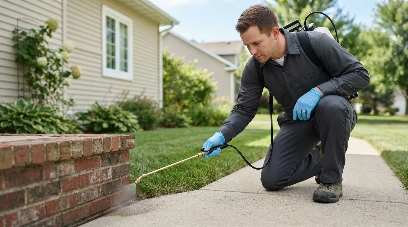 Pest control technician treating a home near Oldfield, MO