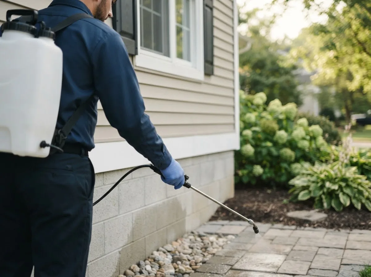 Pest control technician inspecting a home in Oldfield, MO